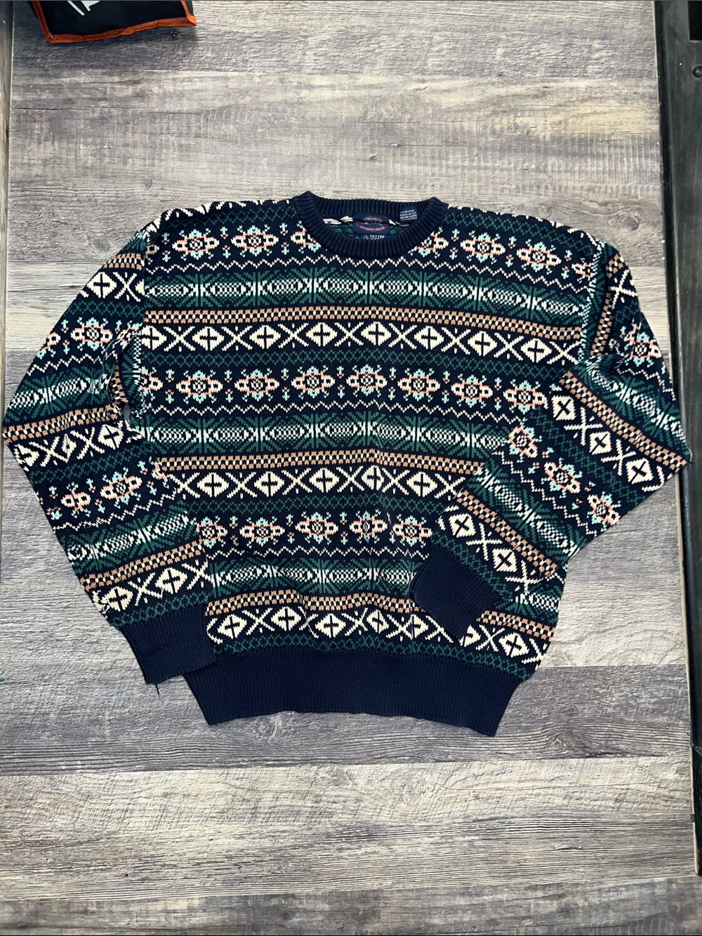 Allen Solly Navy Crewneck Sweater with Green and Cream Fair Isle